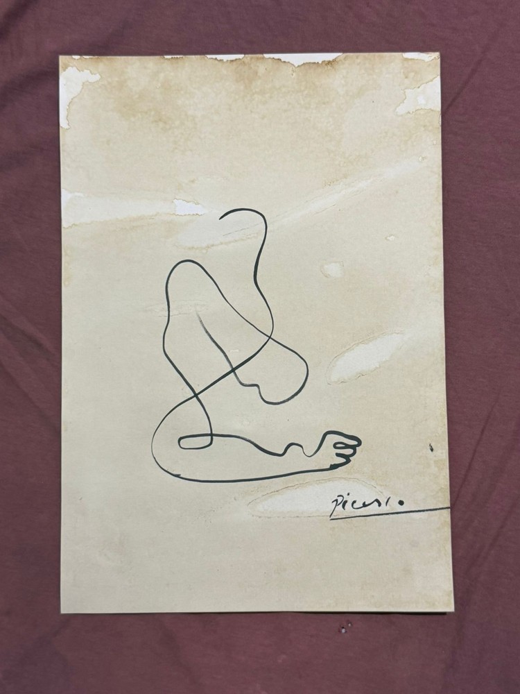 PICASSO drawing and painting on old paper signed stamped vintage