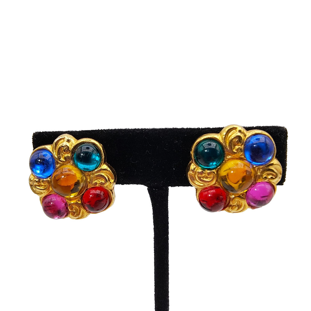 Vintage Byzantine Style Earrings Clip On Gold Tone Multicolor Cabochon 80s