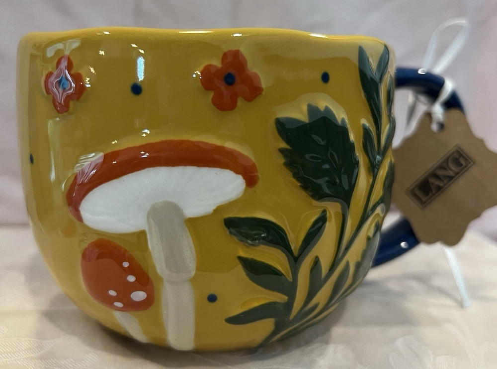 LANG NWT By Design Coffee Mug Mushrooms-Hand Painted Embossed 16 oz Cup - Large