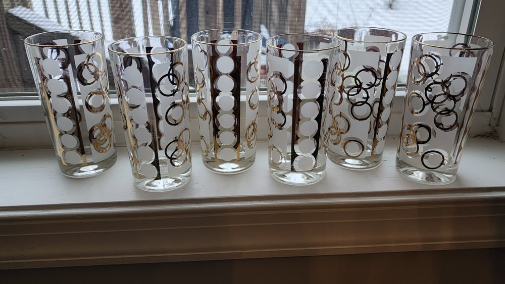 VNTG Set of 6 MCM Gold Tone/Frosted Gilt Interlocking Circles High Ball Glasses
