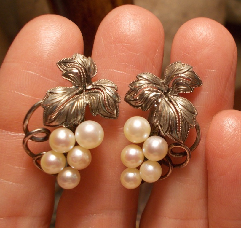 Sterling Silver Genuine Pearls Grape Leaf Cluster Earrings Screwback