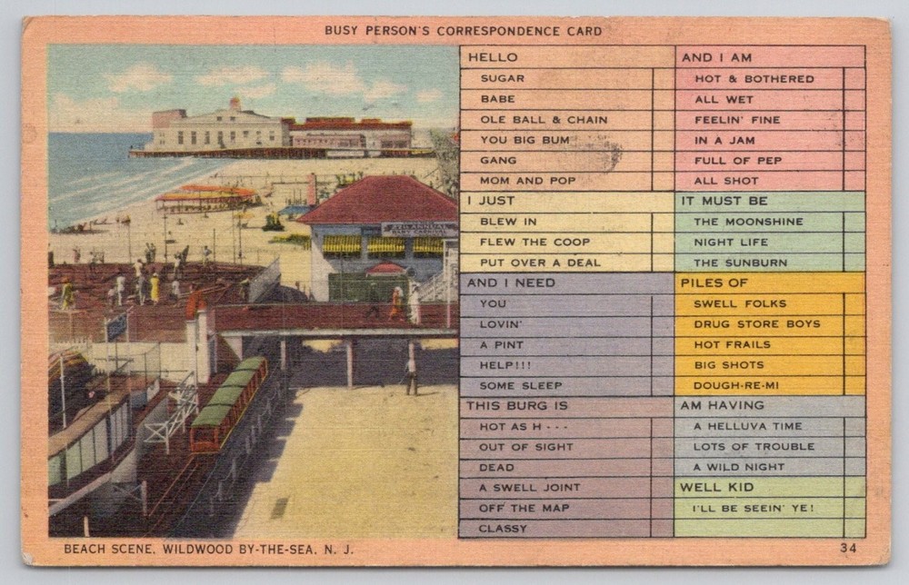 1940 Wildwood NJ Beach Scene Linen Postcard - Busy Person's Card