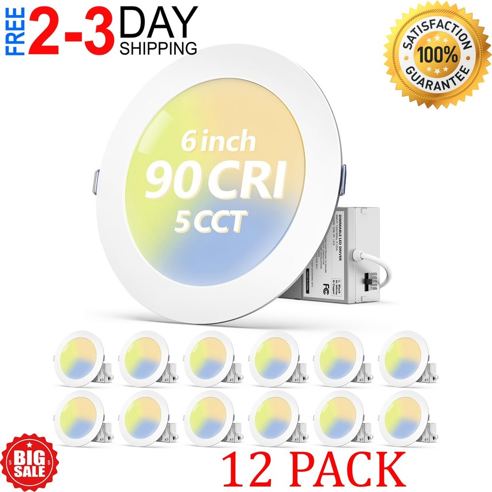 12 Pack 6-Inch Slim 13W 5CCT LED Recessed Ceiling Light with Junction Box