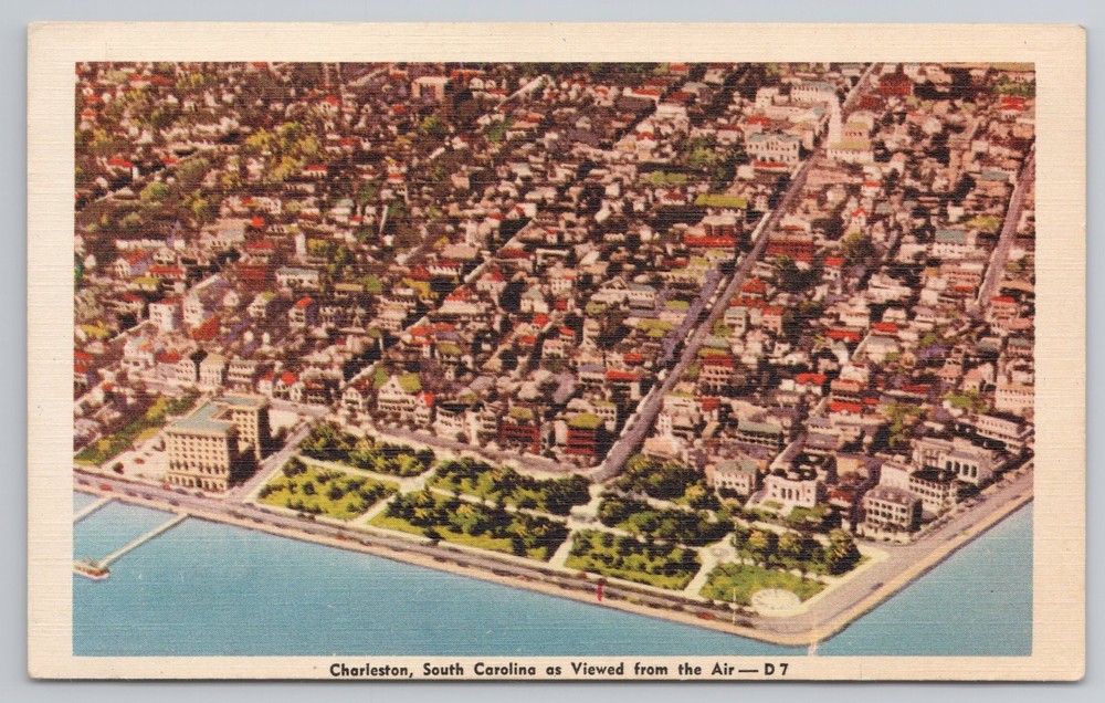 Aerial View Charleston South Carolina SC Battery Waterfront c1940 Linen Postcard