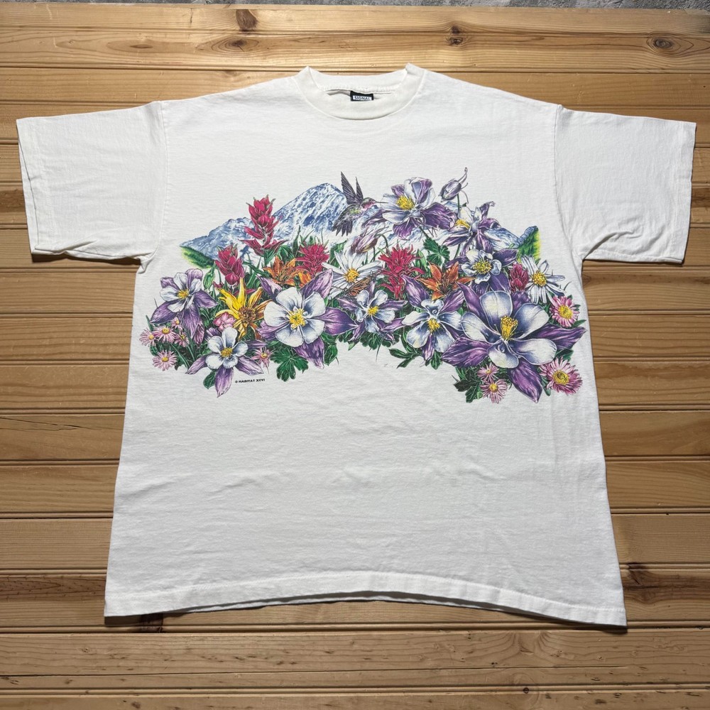 Vintage 1996 Flowers Mountain Hummingbird Botanical Nature Graphic T-Shirt - XL