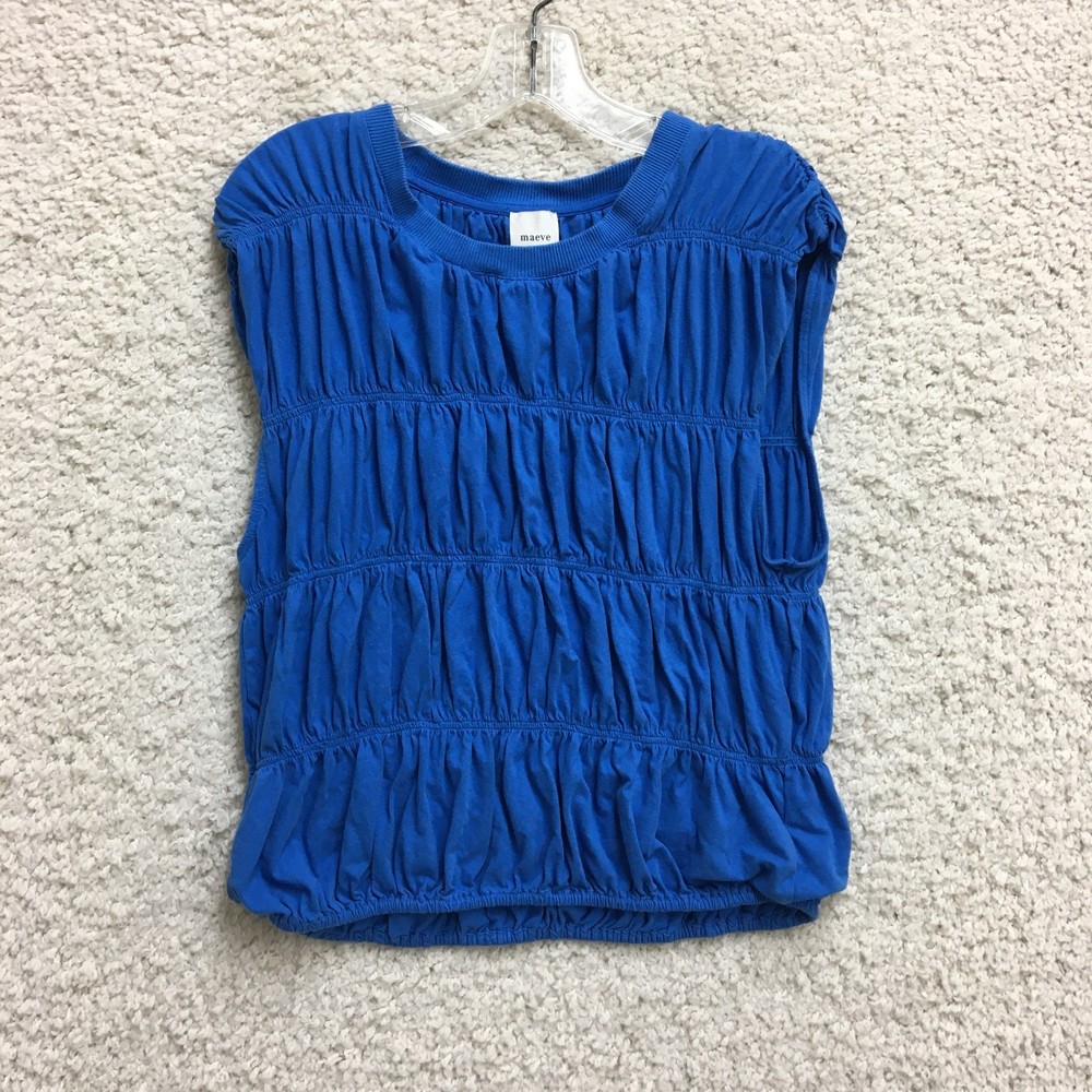 Anthropologie Maeve Top Shirt Medium Adult Blue Shirred Tiered Blouse Womens M