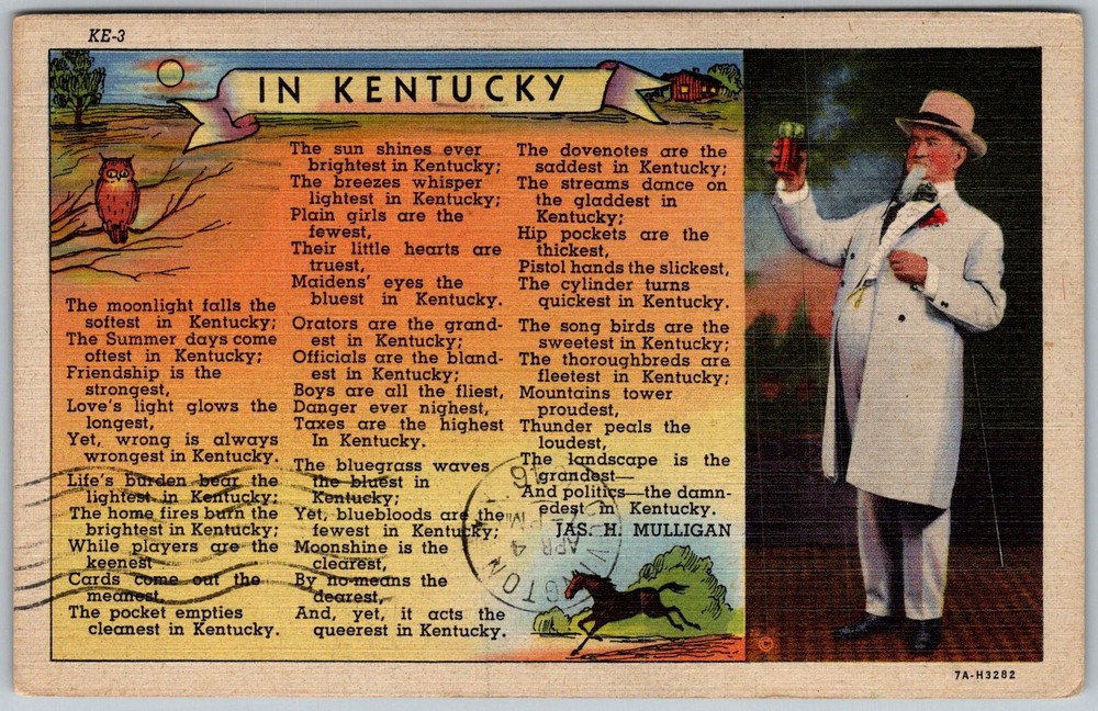 Vtg Linen Postcard Kentucky Poem Lexington, KY 1940s