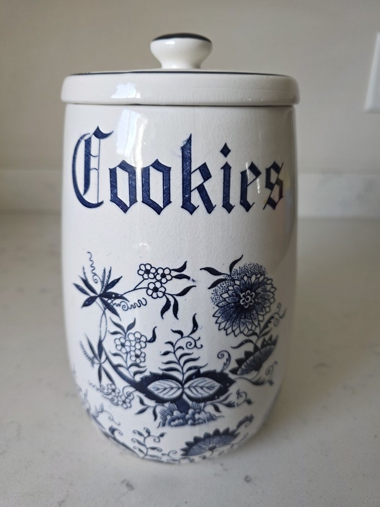 Vintage 1970s Blue Onion Ceramic Cookie Jar Floral Design Mint Condition