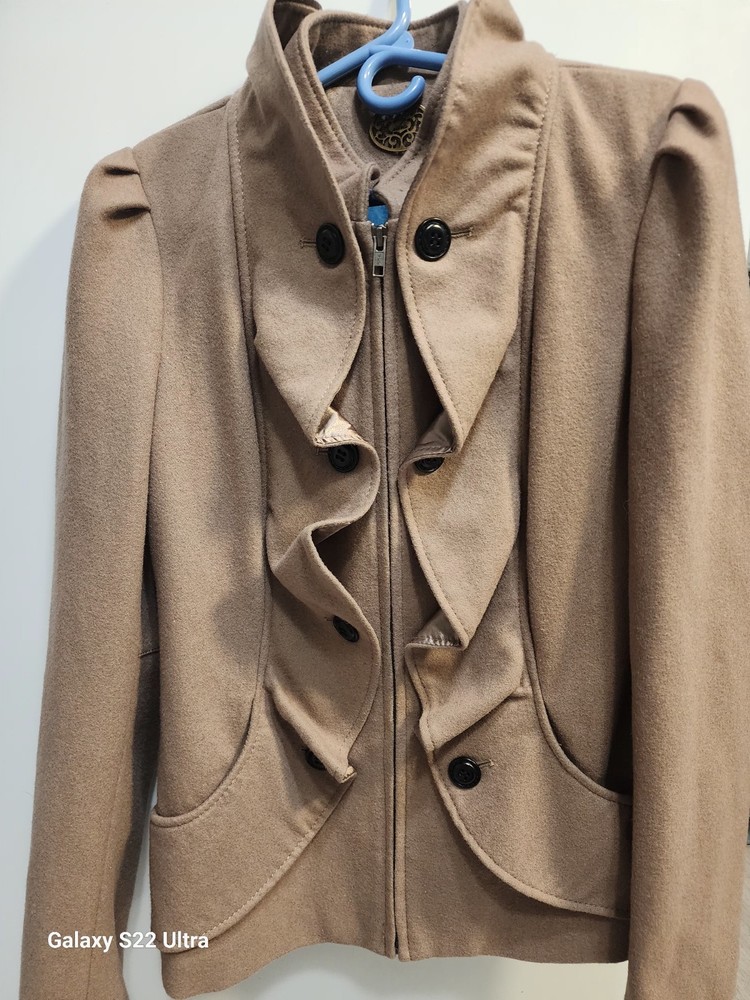 Idra Anthropologie Women Brown Wool Ruffle Confection Full Zipper Jacket Size 10