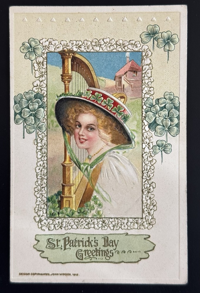 Irish Harp Girl Antique St. Patricks Day Four Leaf Clover Winsch Portland Oregon