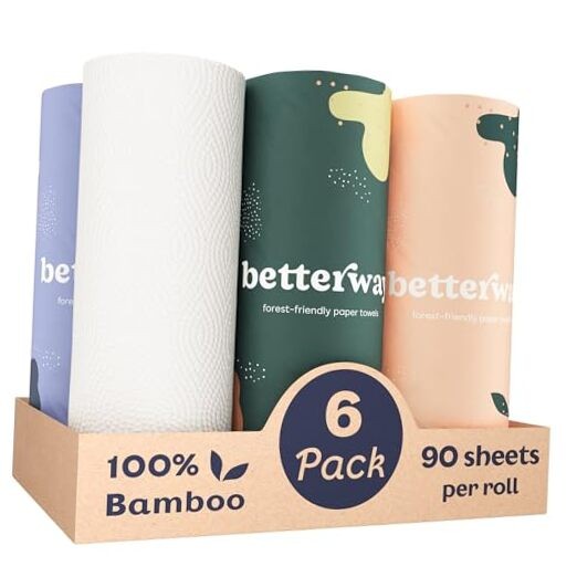 Eco-Friendly 6-Roll Bamboo Paper Towels, 2-Ply, 90 Sheets Each, Plastic-Free, White