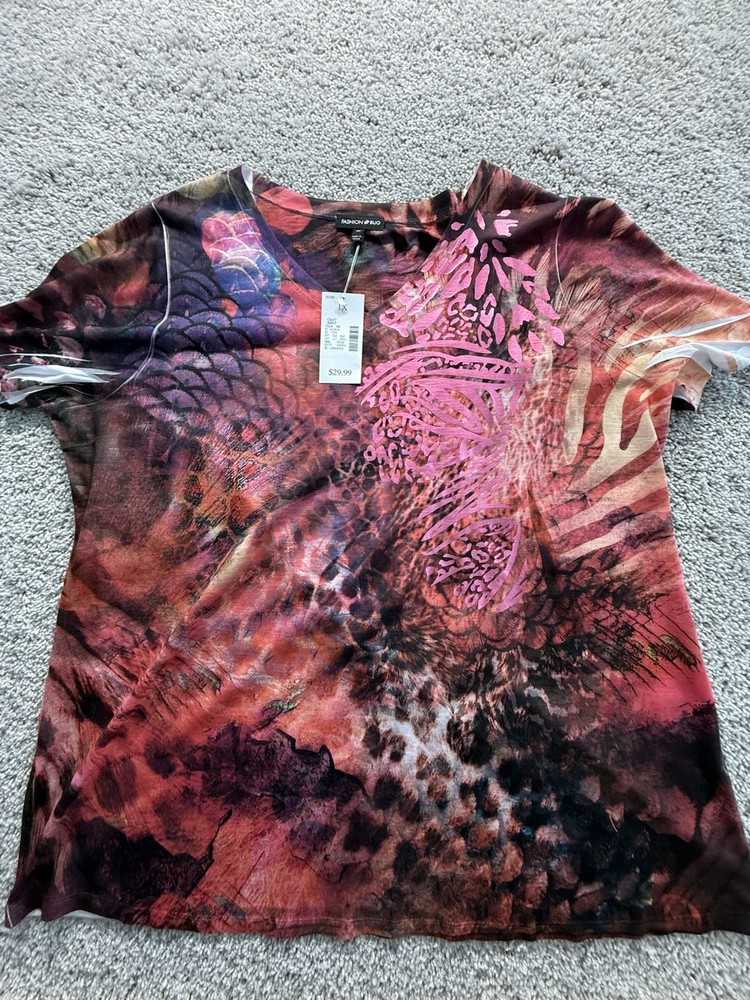 NWT Fashion Bug Women’s 1X Blouse Multicolored Metallic Short Sleeve