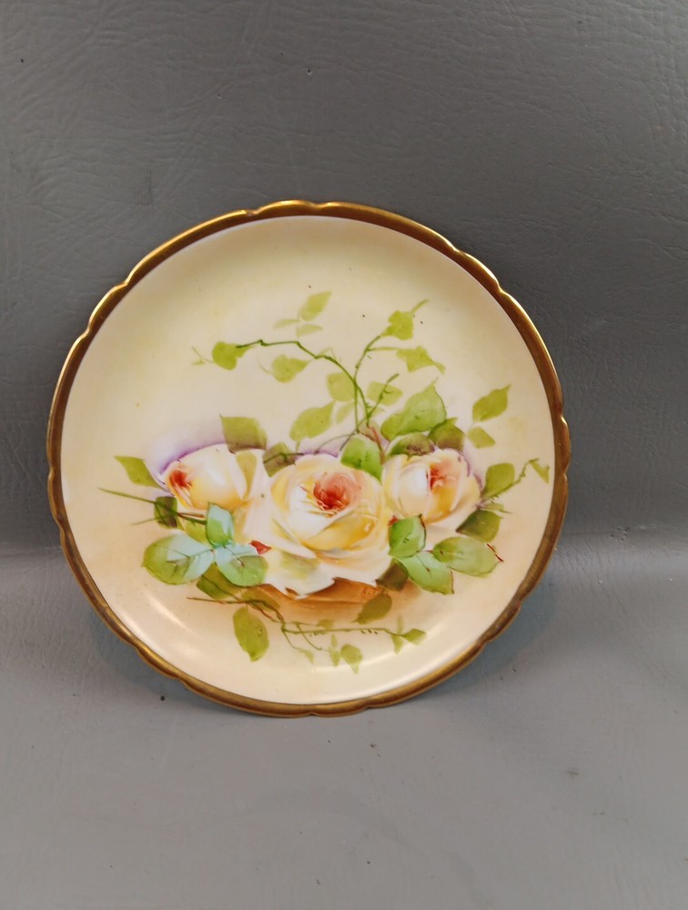 VTG J.P.L. Jean Pouyat Limoges France Hand Painted Roses Gold Plate  Scalloped