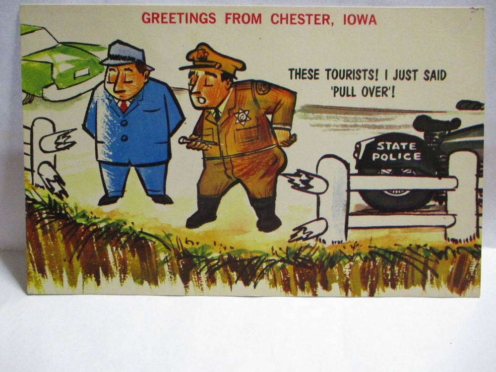 1960 Postcard Tourist I Just Said Pull Over! Motorcycle Cop Greetings Chester Ia