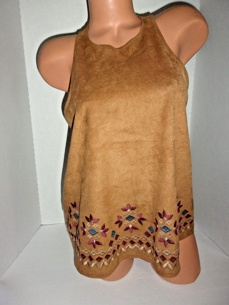 Hollister Embroidered Faux Suede Boho Festival Tank Top Lg