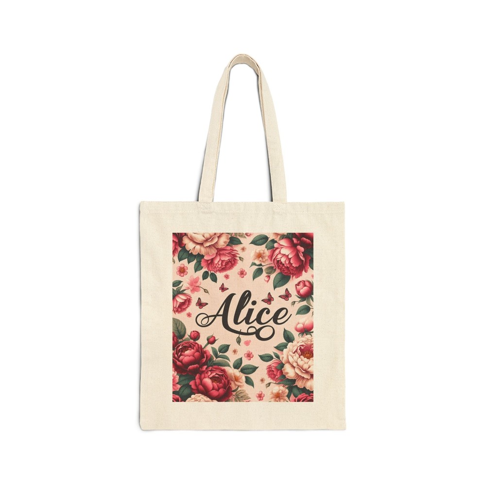 Personalized ALICE Cotton Canvas Tote Bag with Roses and Peonies Design