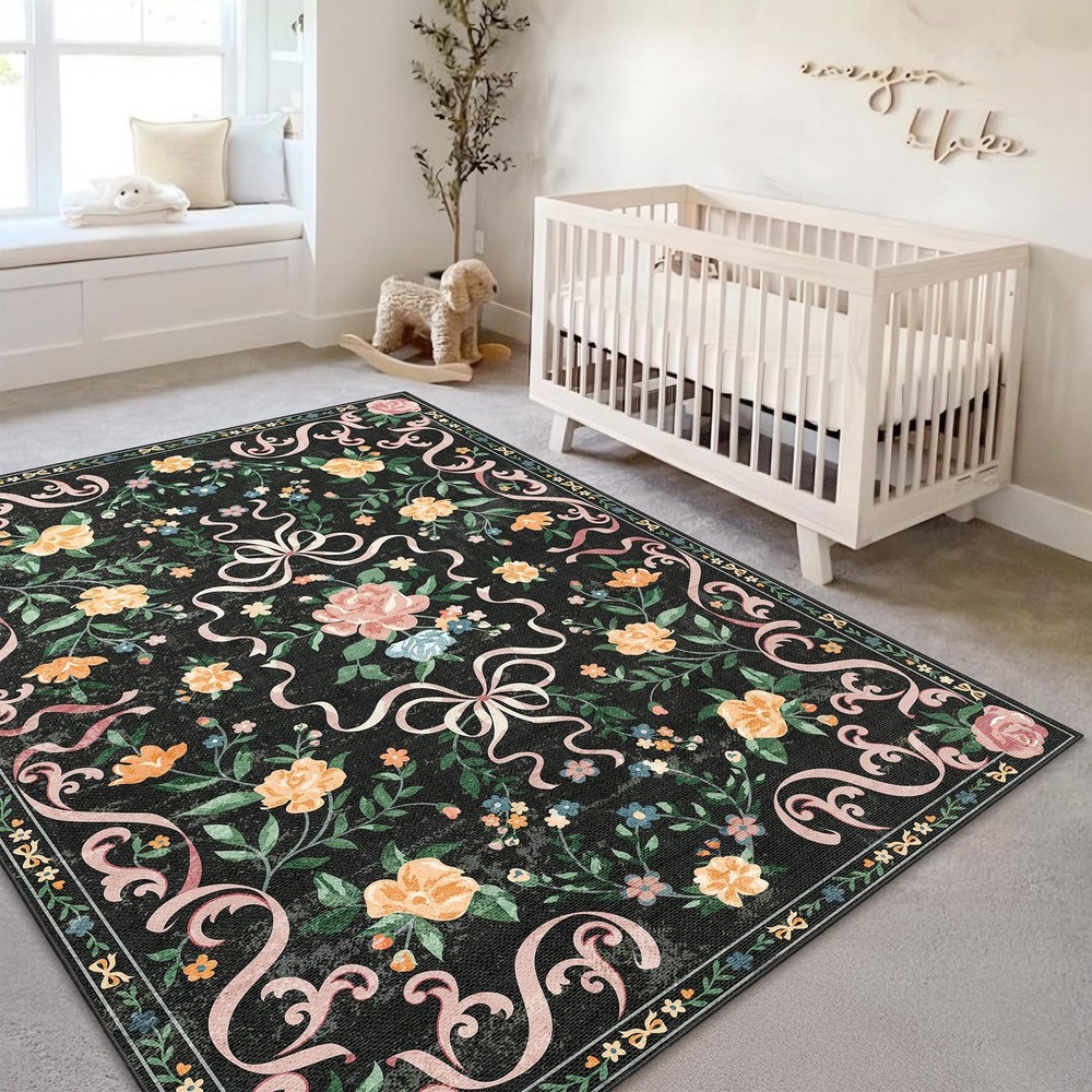 Black Rug Bow Floral 5x7 Rug, Washable Area Rugs for Bedroom Living Room Beds...