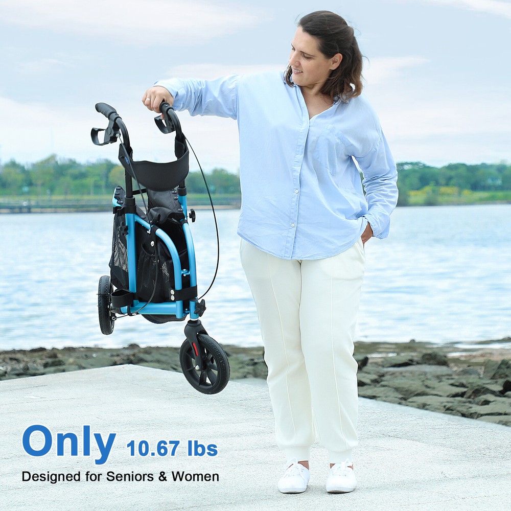 3-Wheel Walker Rollator Walker with Seat Backrest Folding Adjustable 10.7lb Blue