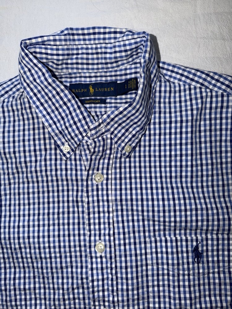 Ralph Lauren Seersucker Gingham Button Down Shirt Men’s L Blue White