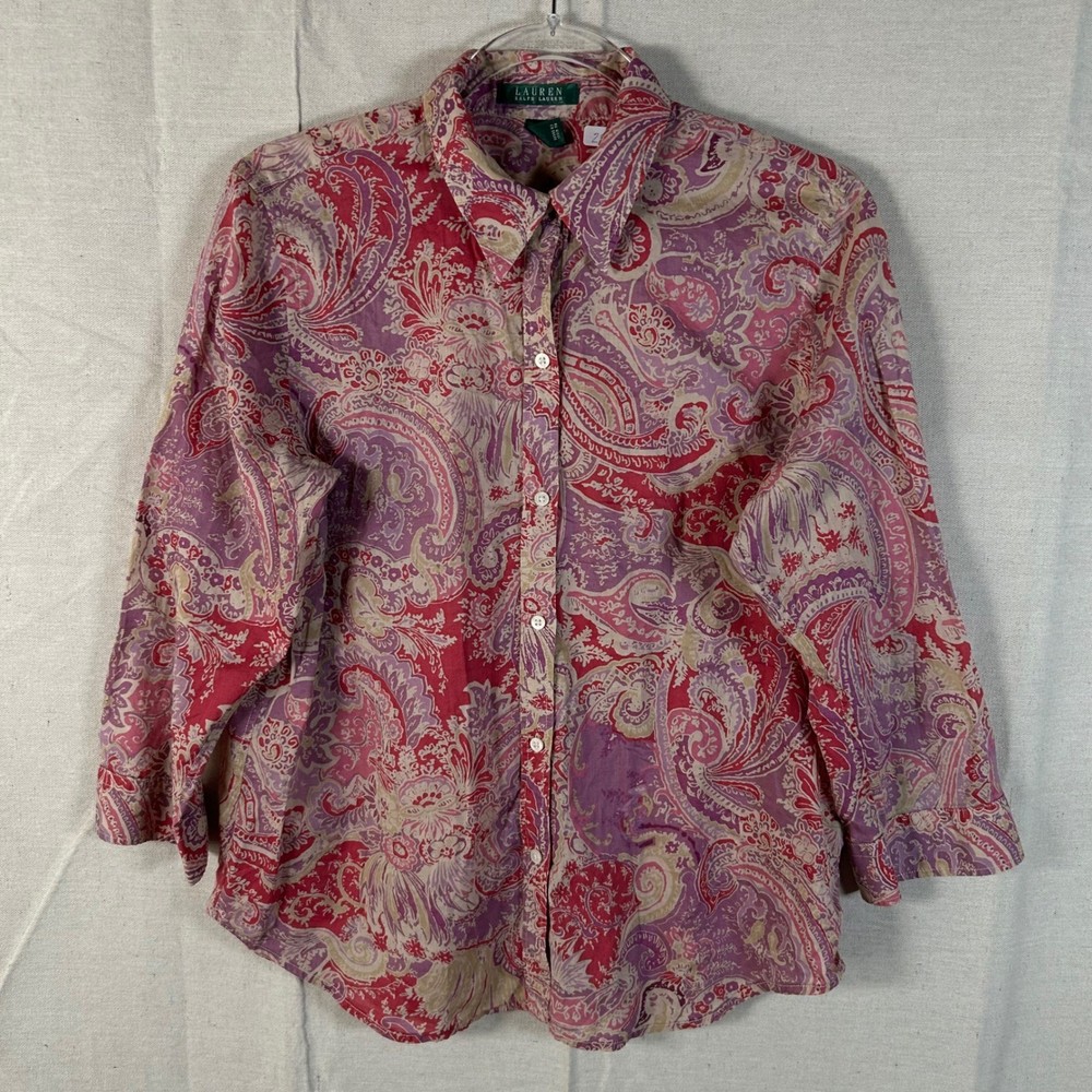Lauren Ralph Lauren Pink Paisley Cotton Button Down Shirt Large 3/4 Sleeve
