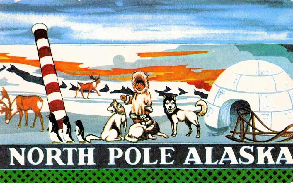 North Pole Alaska Igloo Husky Dogs Santa Claus House Christmas Vtg Postcard F61