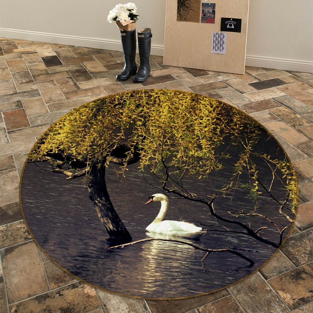 3D Swan Lake Tree Animal Non-Slip Rug Elegant Photo Carpet Mat