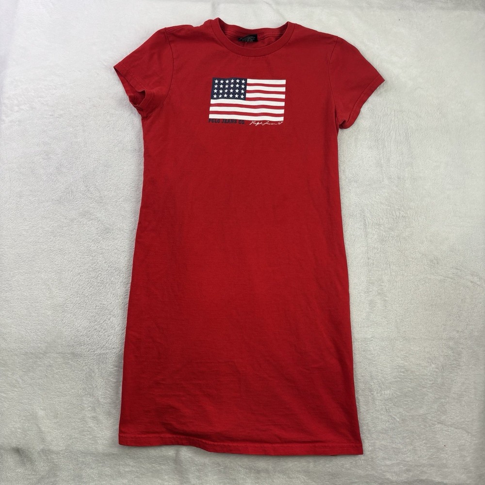 Y2K Polo Jeans Co. Ralph Lauren Red Short Sleeve Shirt Dress USA Flag Women's M
