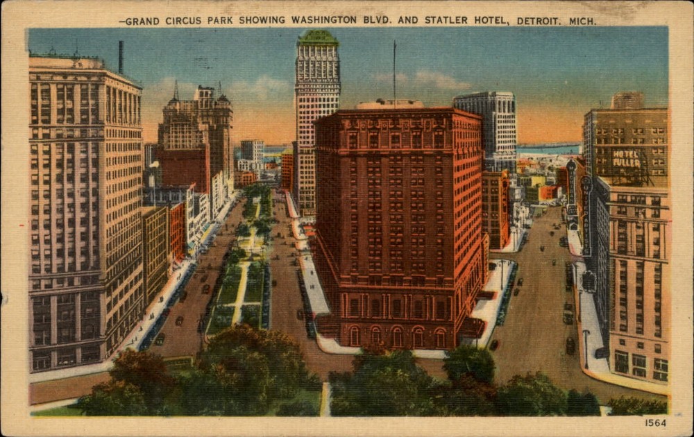 Michigan Detroit Grand Circus Park Washington Blvd aerial ~ 1948 linen  ~ s0097