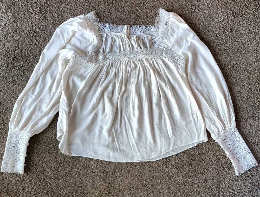 Free People Flutter By Lace Blouse Size XS Ivory Crochet Lace Cottagecore Boho