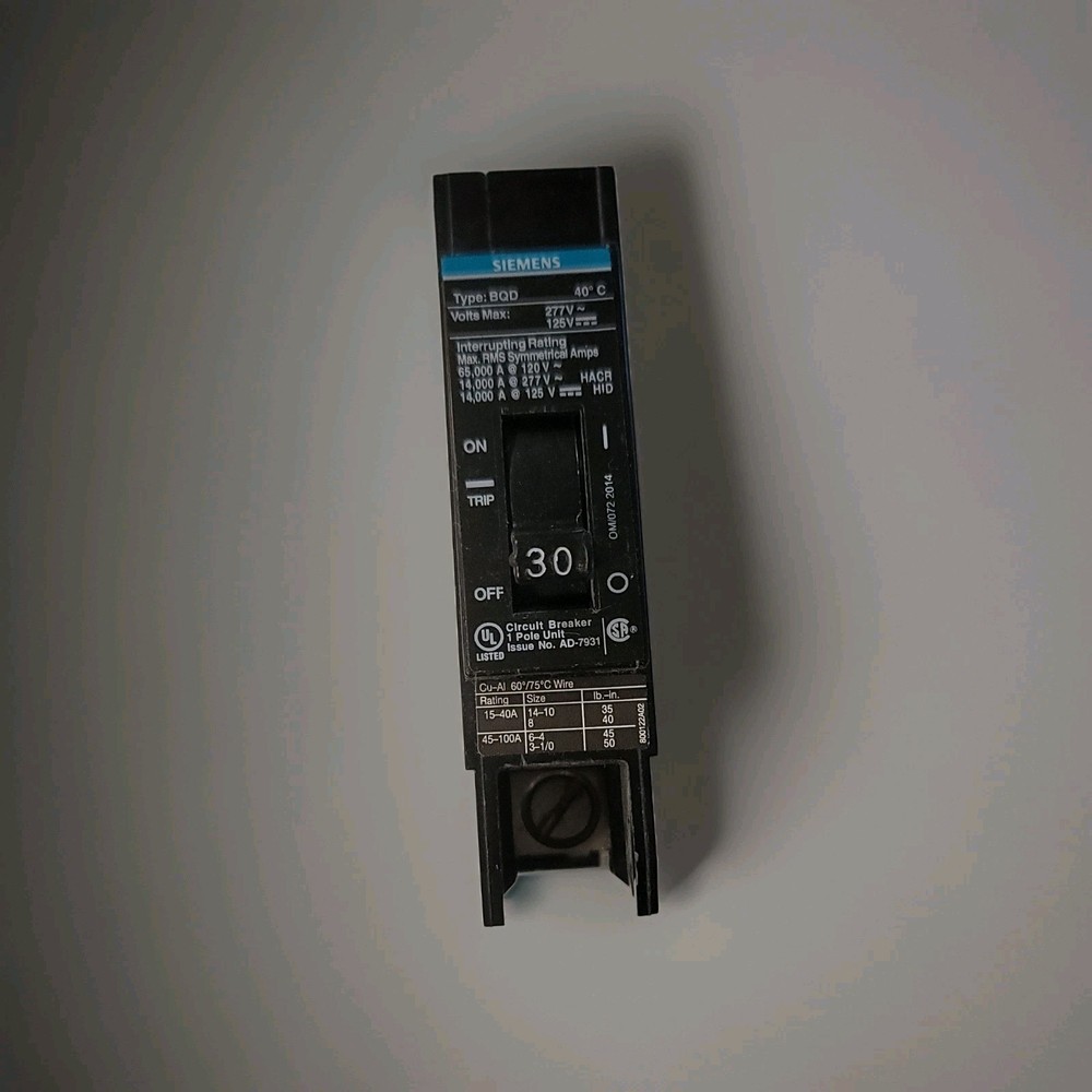 Siemens BQD130 30A 1-Pole Circuit Breaker 277V AC Trip Indicator