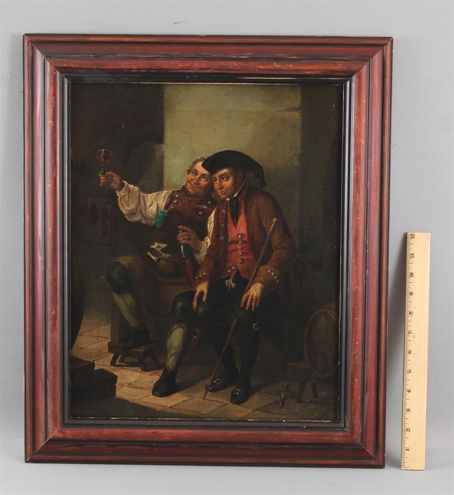 19thC Antique Dutch Tavern Wine Cellar, Talking About Wine, Oil Painting NR