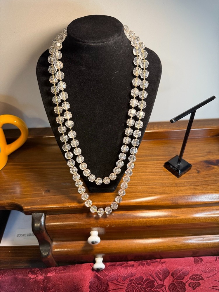 Sarah Coventry Clear Lucite Double Strand Necklace Faceted Beads Gold Tone Clasp