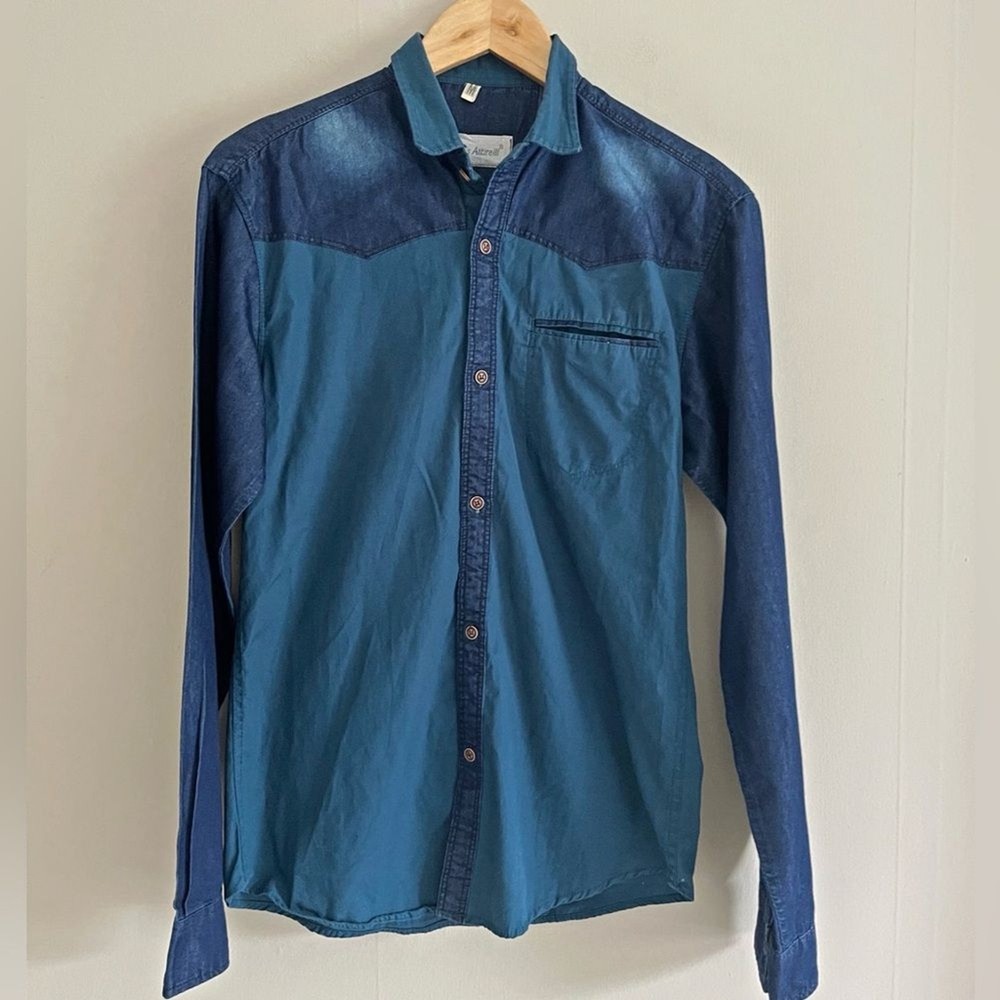 Vintage Western Chambray Colorblock Button Down Shirt Blue Small