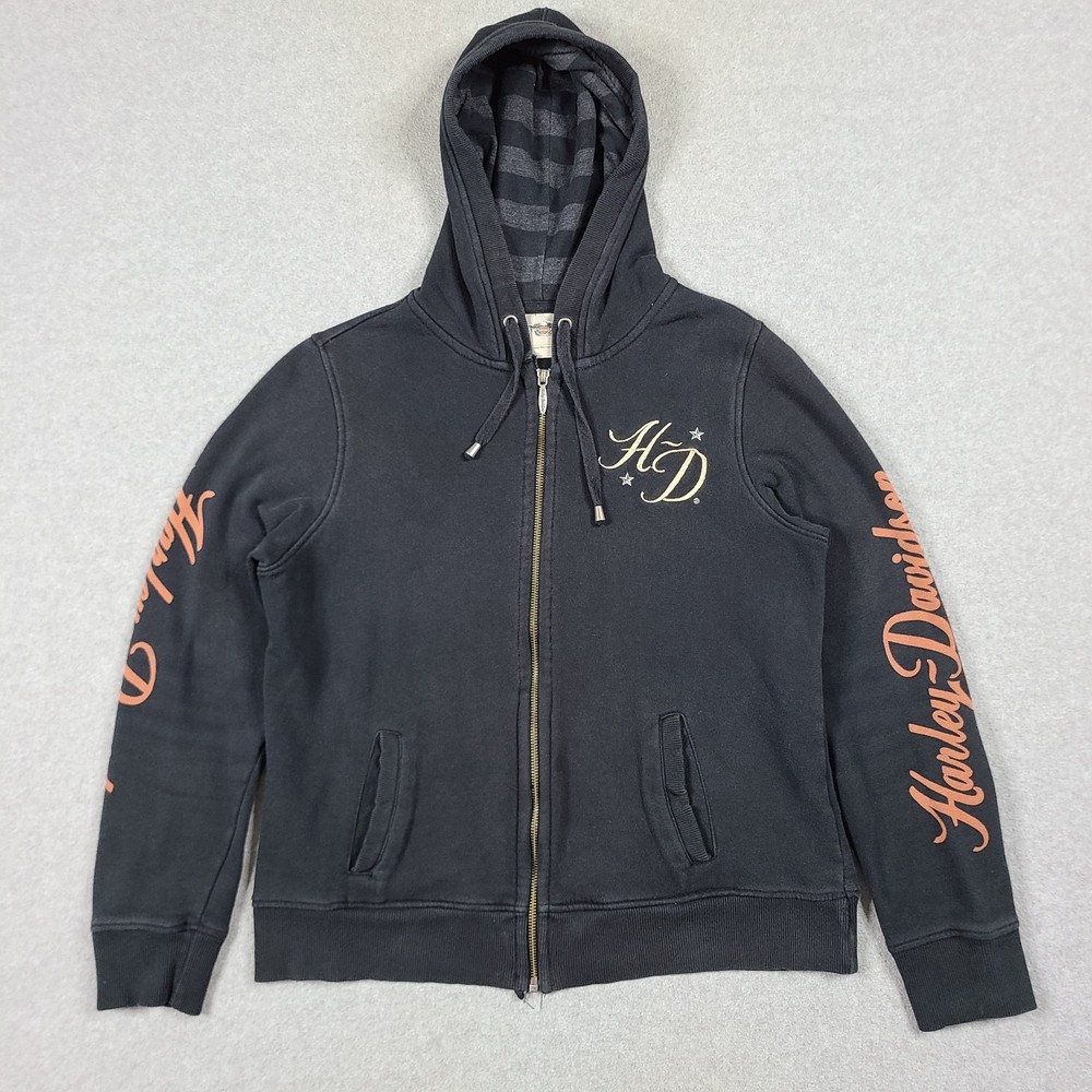 Women's Harley Davidson Black Hooded Sweatshirt Size L Biker Sleeve Print HD