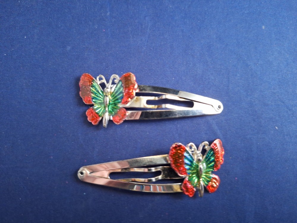 *2* Vtg 90's Y2K Iridescent BUTTERFLY Snap Hair Barrettes Pair Lot *1-C
