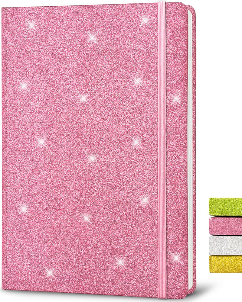 Pink Glitter Journal A5 160 Pages College Ruled Hardcover Notebook for Girls