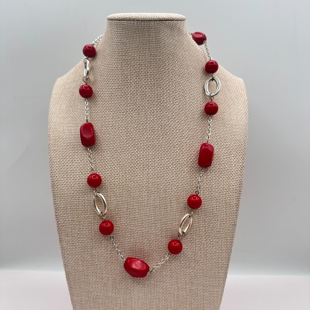 Vintage Y2K Silver Tone Red Beaded Station Chain Necklace Statement Jewelry