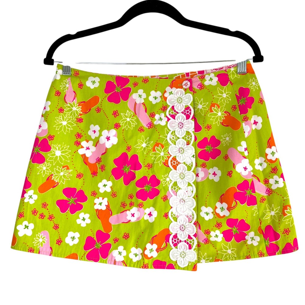 Vintage Lilly Pulitzer Reversible Wrap Skirt Gidget Green Flip Flops Size 4