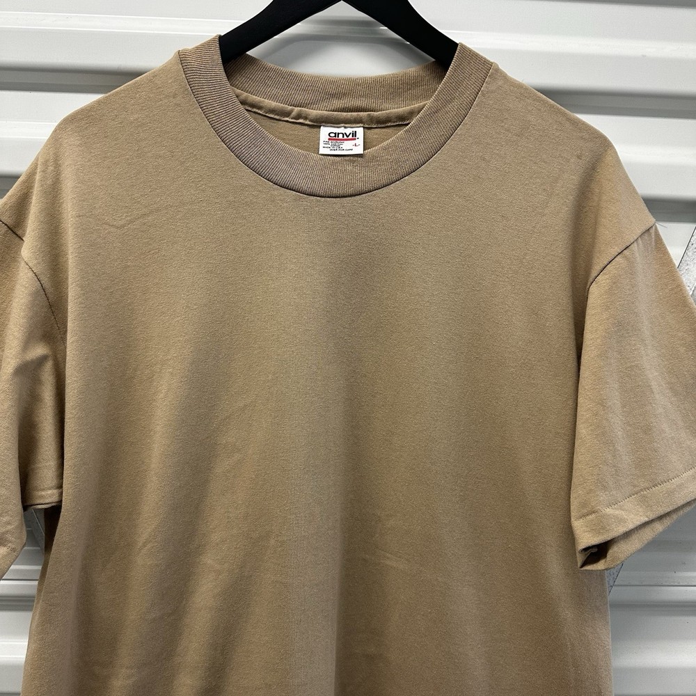 Vintage Anvil Red Bar Blank T Shirt Men’s L NOS Khaki Safari Beige USA Made 90s