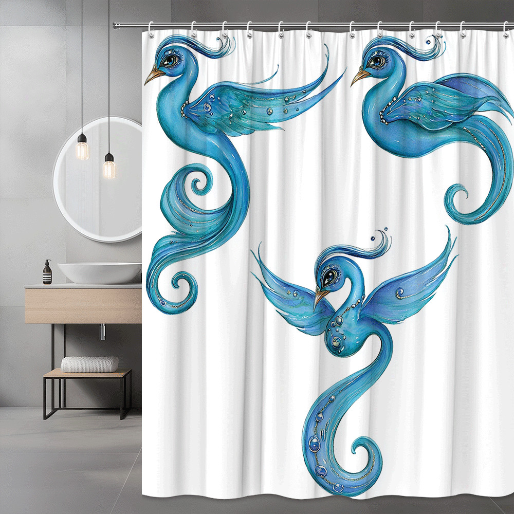 Blue Peacock Shower Curtain, Watercolor Bird Print, White Background