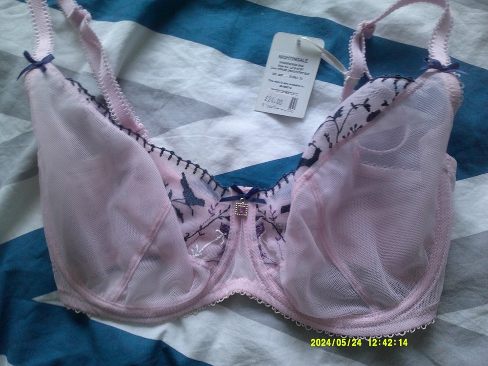 32F - Nuevo Sujetador de malla transparente Lepel 'Nightingale' con aros (sin relleno) rosa Reino Unido 32F