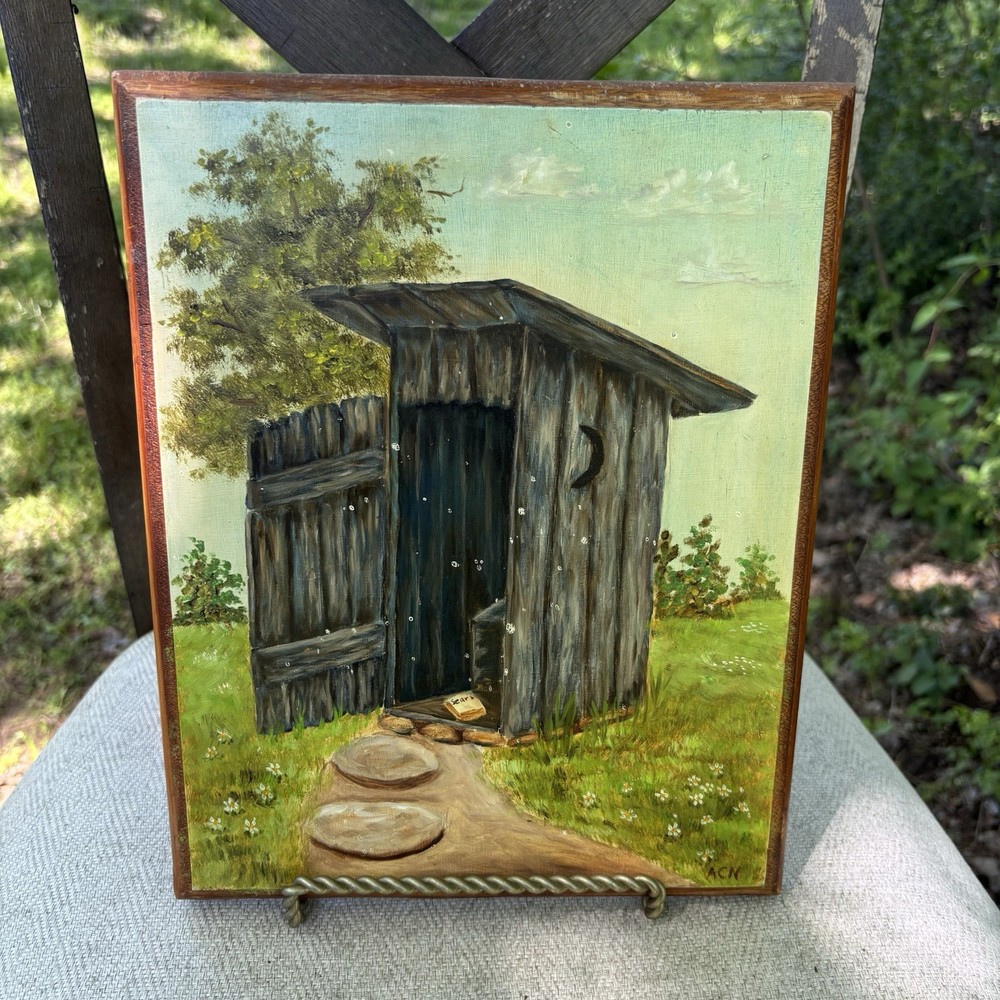 Vtg Outhouse Farm Scene Painting On A Solid Wood Plaque Ready to Hang Wall Art