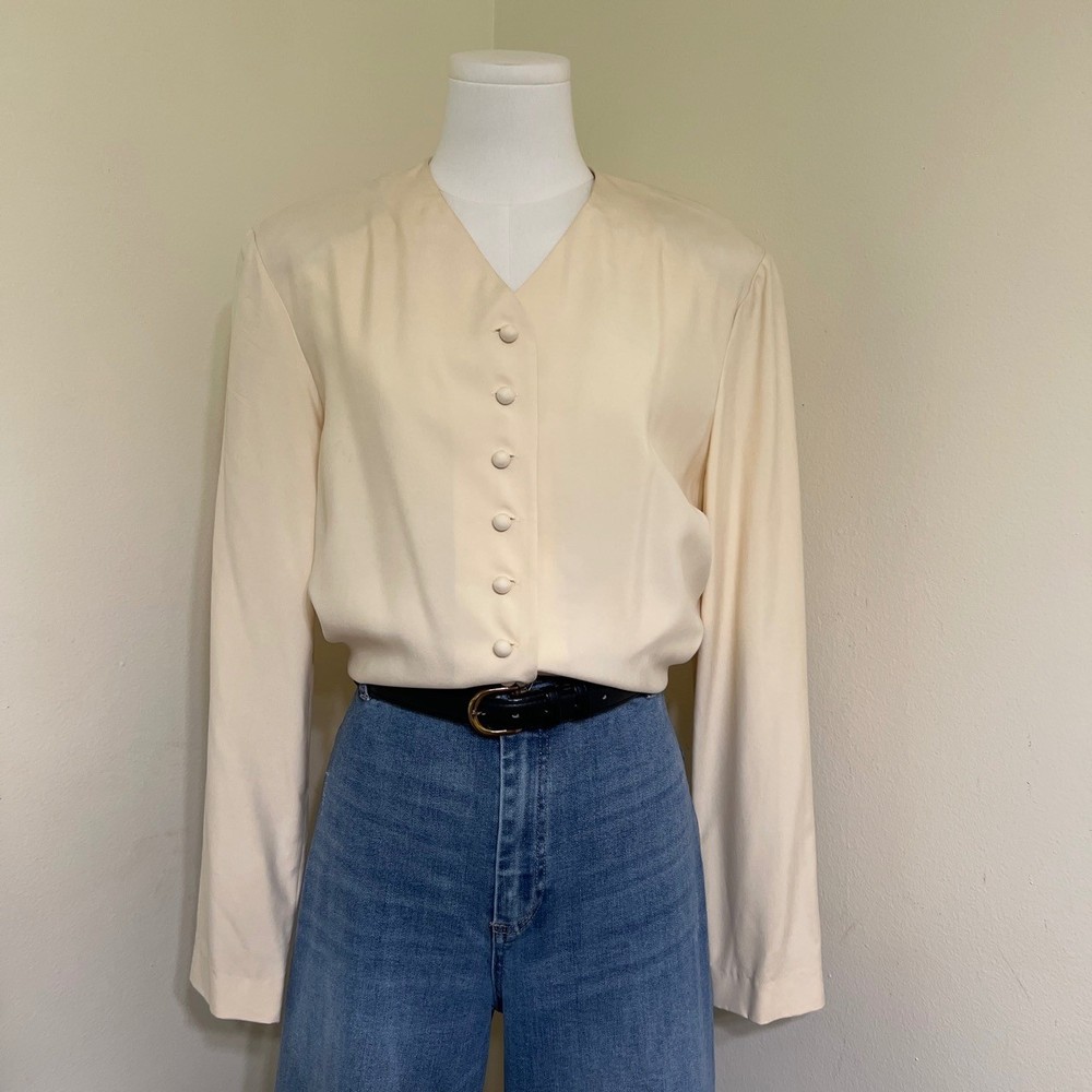 Liz Claiborne Collection Vintage 100% Silk Cream Button Down Tunic Blouse 6