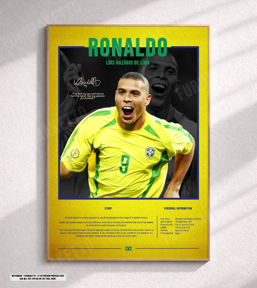 Ronaldo Nazario - Canvas Print Poster Football Soccer Stats Bio Wall Art