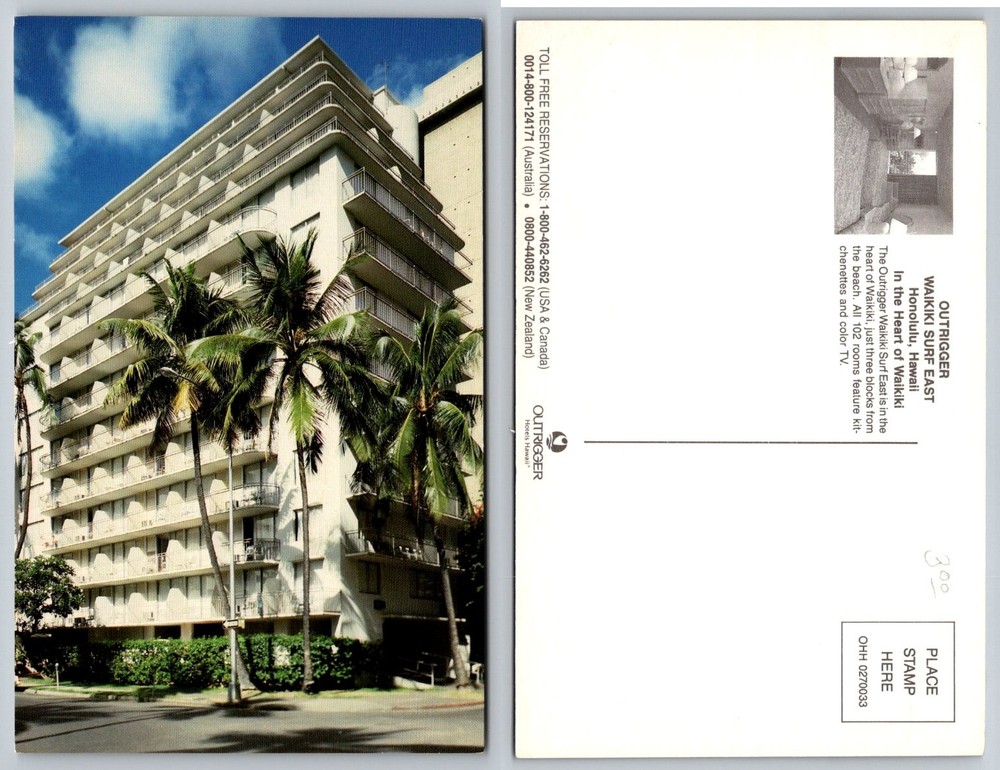 Outrigger Waikiki Surf East Hotel Honolulu Hawaii Vintage Postcard Palm Trees