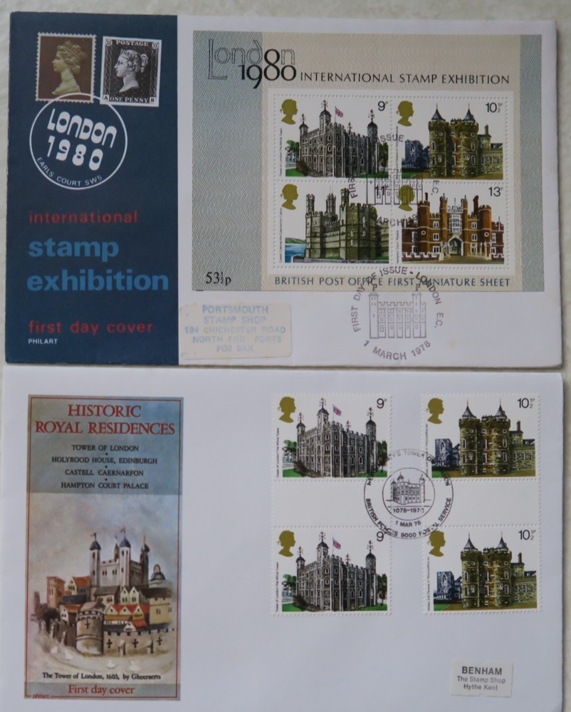 2 x PHILART 1978  FDCs - HISTORIC ROYAL RESIDENCES - LONDON EC & TOWER OF LONDON