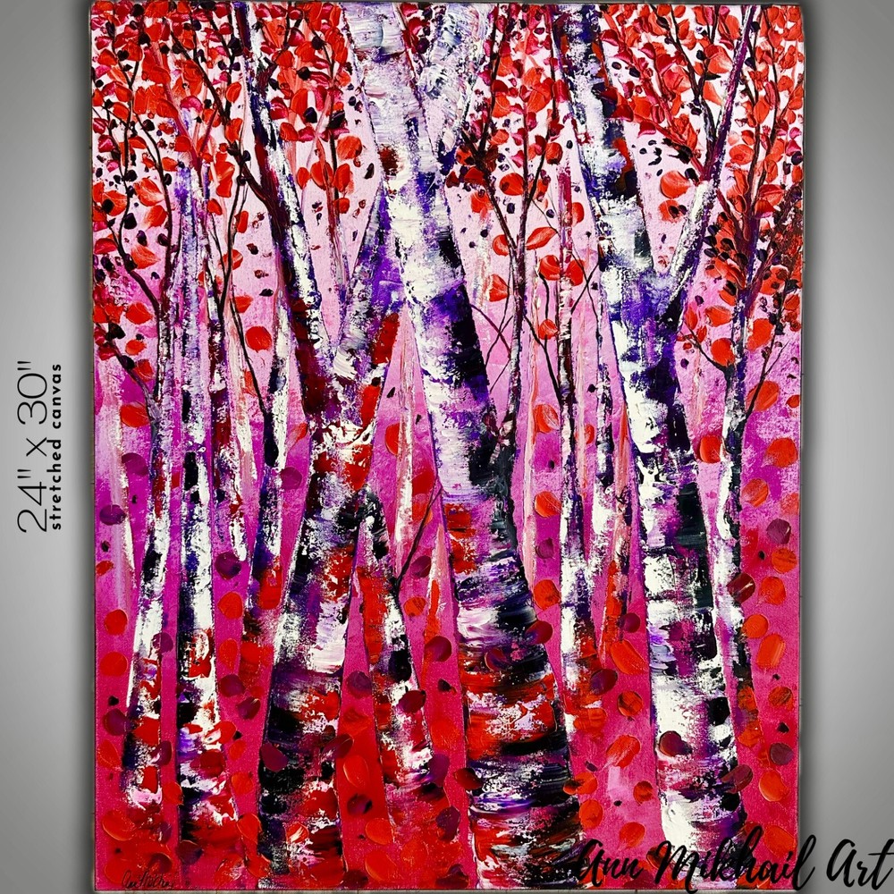 Oil Painting Abstract Pink White Birch Trees Forest Textured Canvas 24 by 30 AMA-image