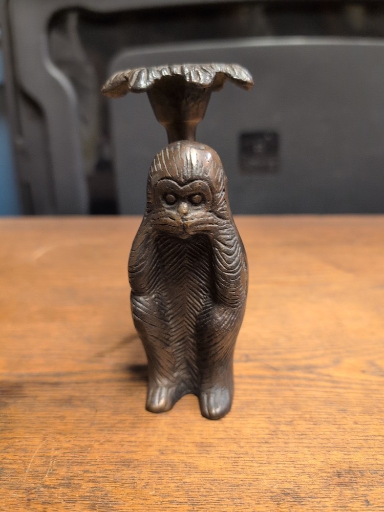 VTG Solid Brass Monkey Covering Ears 'Hear No Evil' Taper Candlestick Holder 5