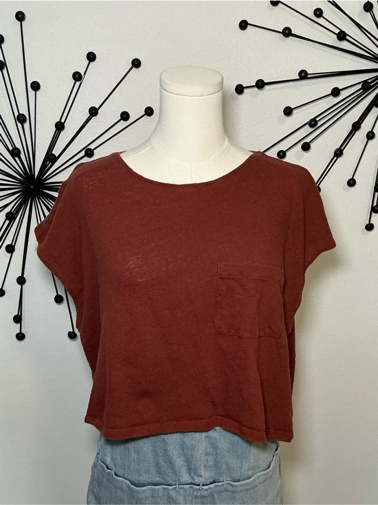 Zara Rust Brown Linen Blend Crop Pocket Tee Medium