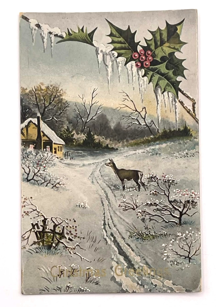 Antique Winter Snow Scene Deer Cottage Holly Icicles Christmas Postcard